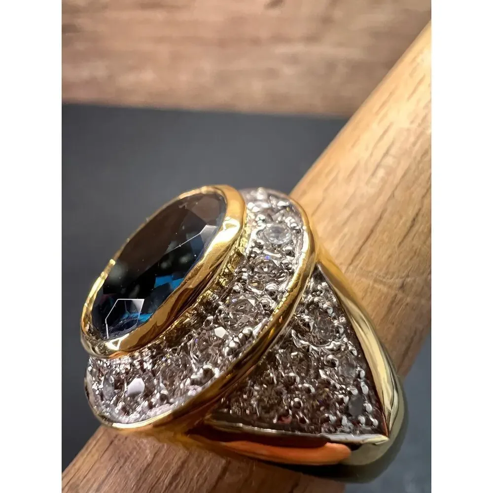 Lab blue spinel and CZ 18k rolled gold ring size 7